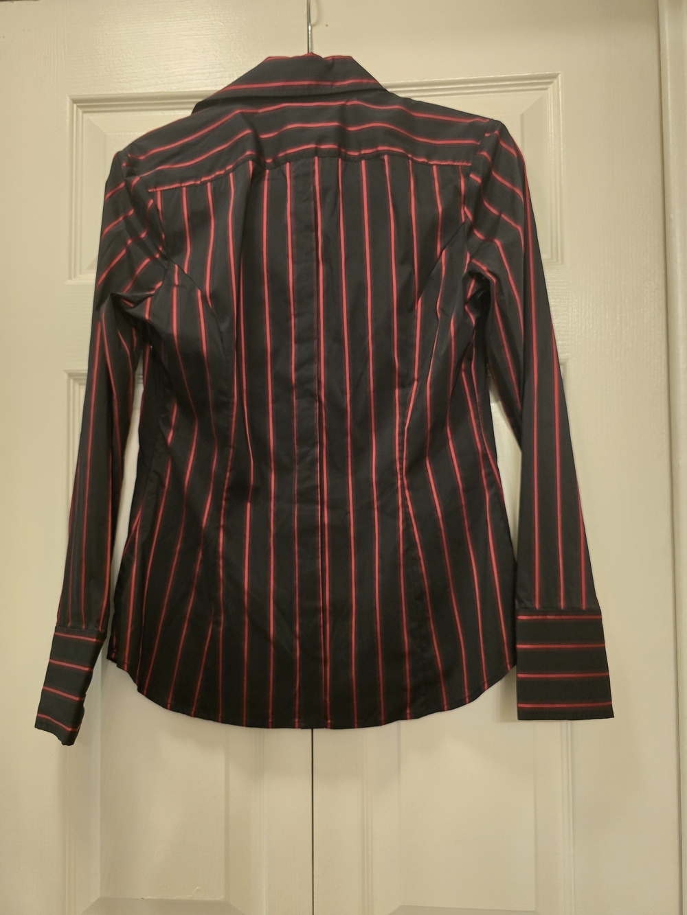 Express Design Studio Y2K Mall Goth Black Red Pinstripe Ruffle Blouse M - Picture 8 of 8
